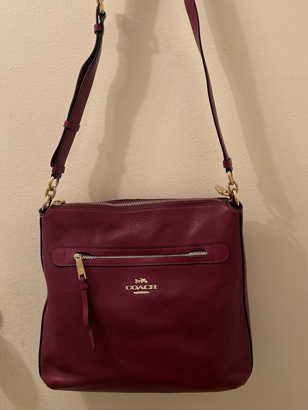 Coach Pebbled Leather Crossbody in Deep Burgundy with Gold Hardware
